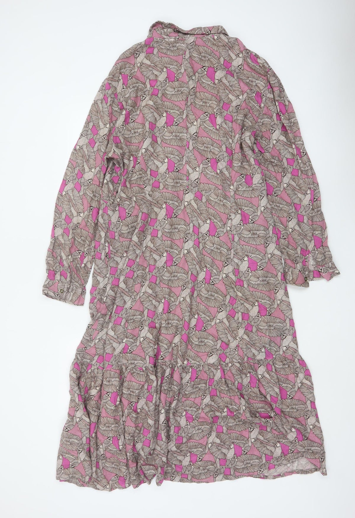 White Stuff Women Pink Bird Print Long Shirt Dress UK 14