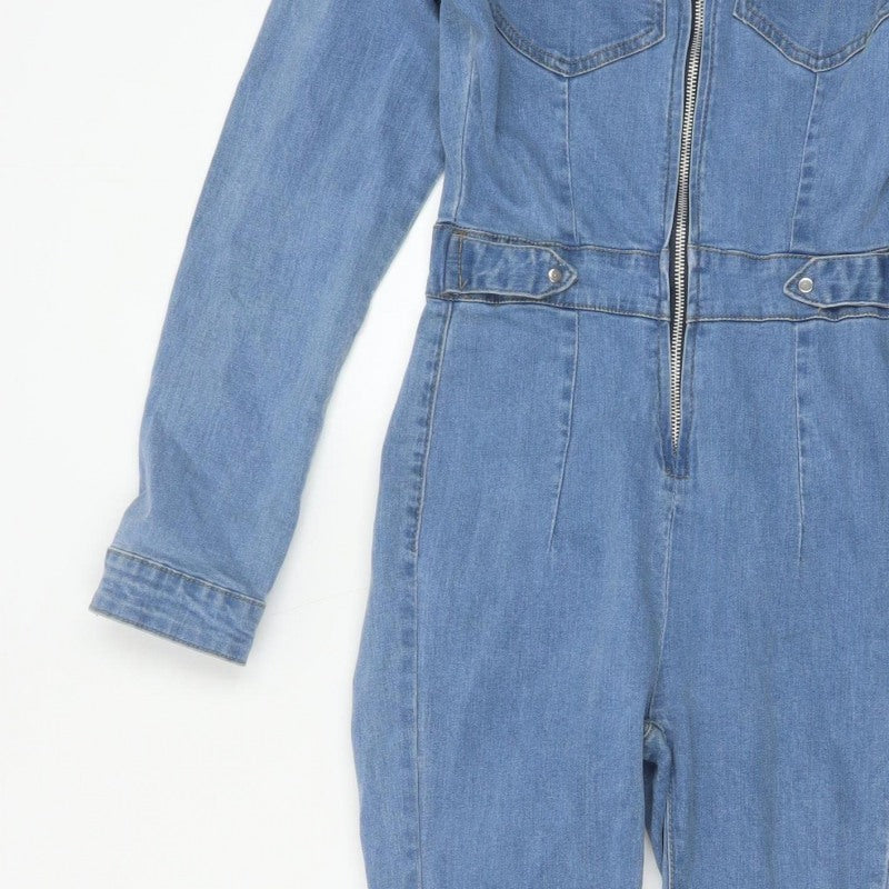 PrettyLittleThing Women Blue Denim Zip Jumpsuit UK 8 Long Sleeve