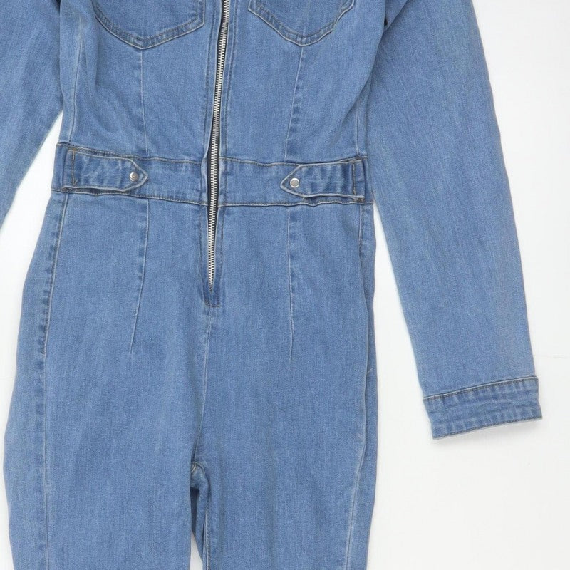 PrettyLittleThing Women Blue Denim Zip Jumpsuit UK 8 Long Sleeve