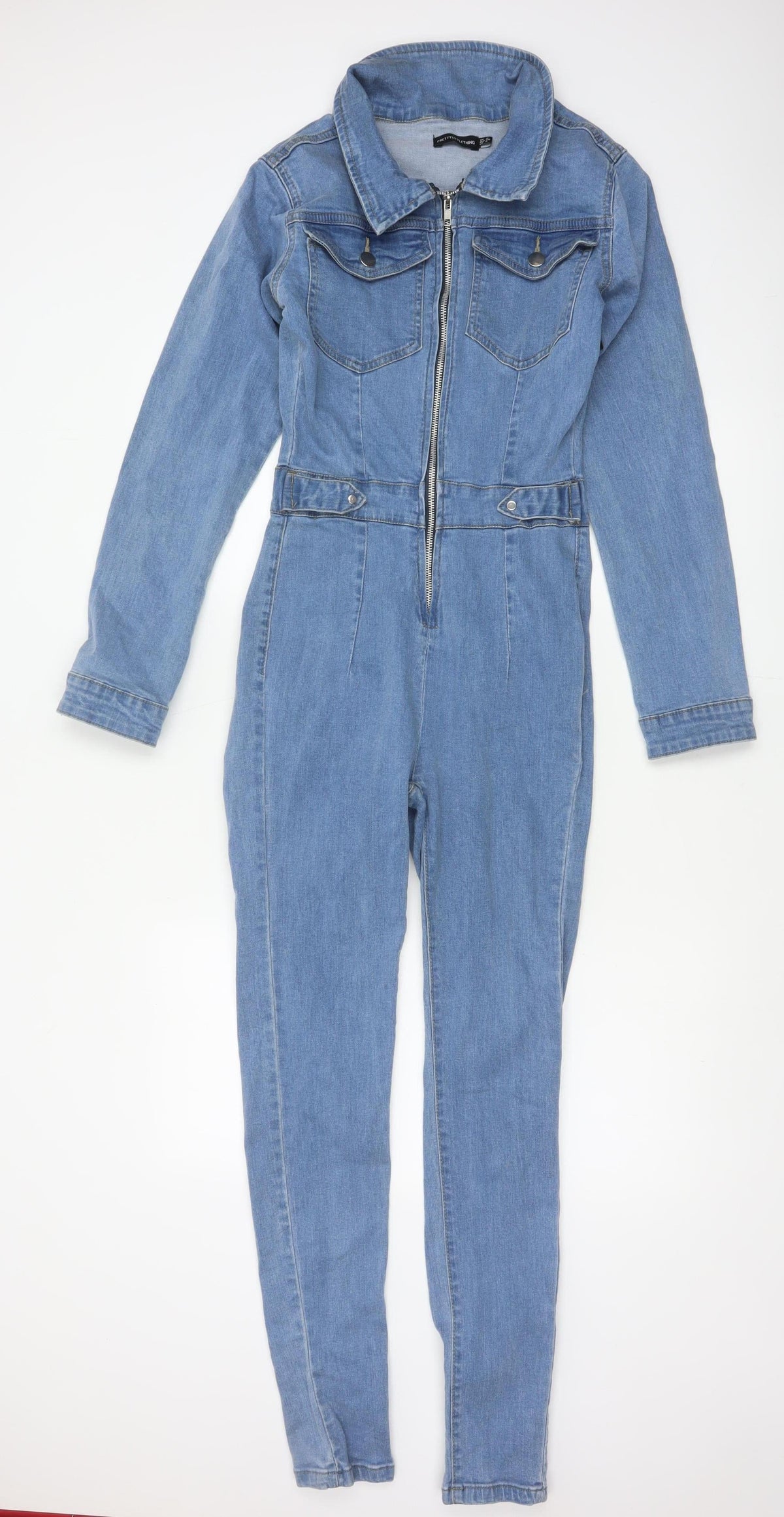 PrettyLittleThing Women Blue Denim Zip Jumpsuit UK 8 Long Sleeve