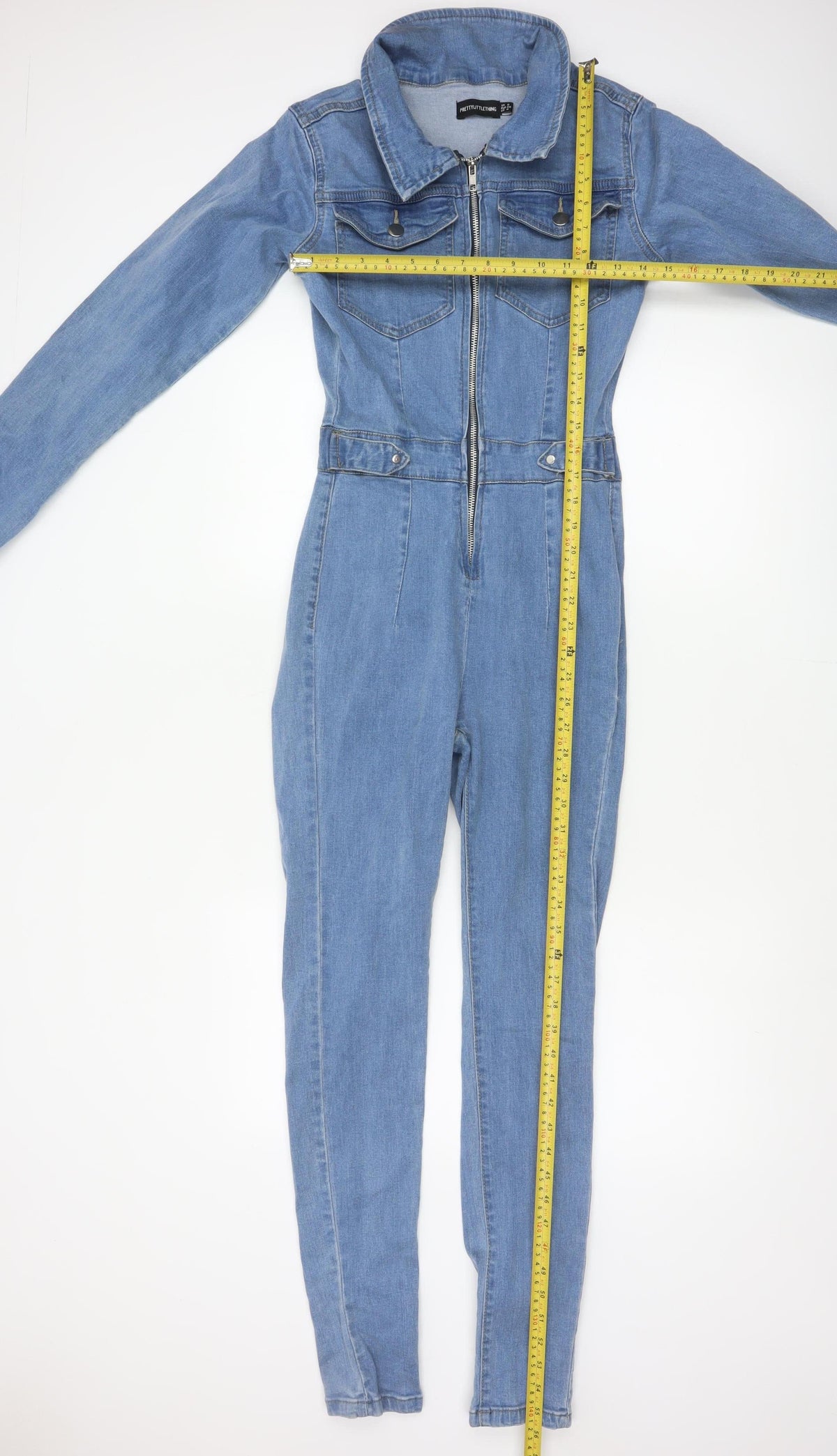 PrettyLittleThing Women Blue Denim Zip Jumpsuit UK 8 Long Sleeve