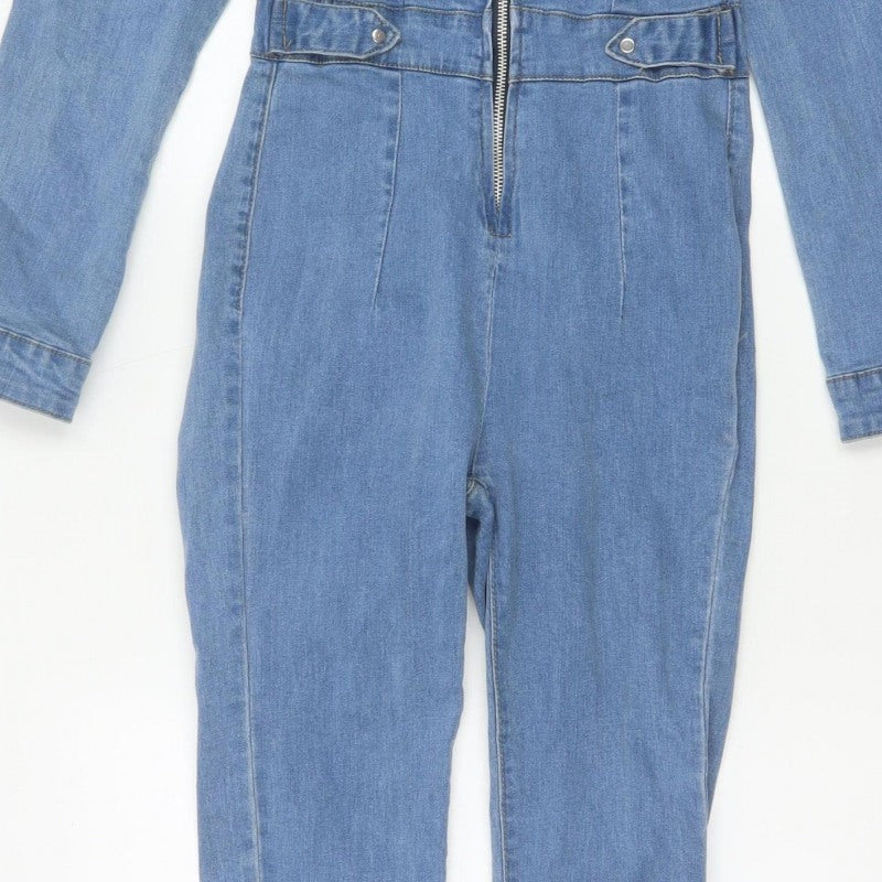 PrettyLittleThing Women Blue Denim Zip Jumpsuit UK 8 Long Sleeve