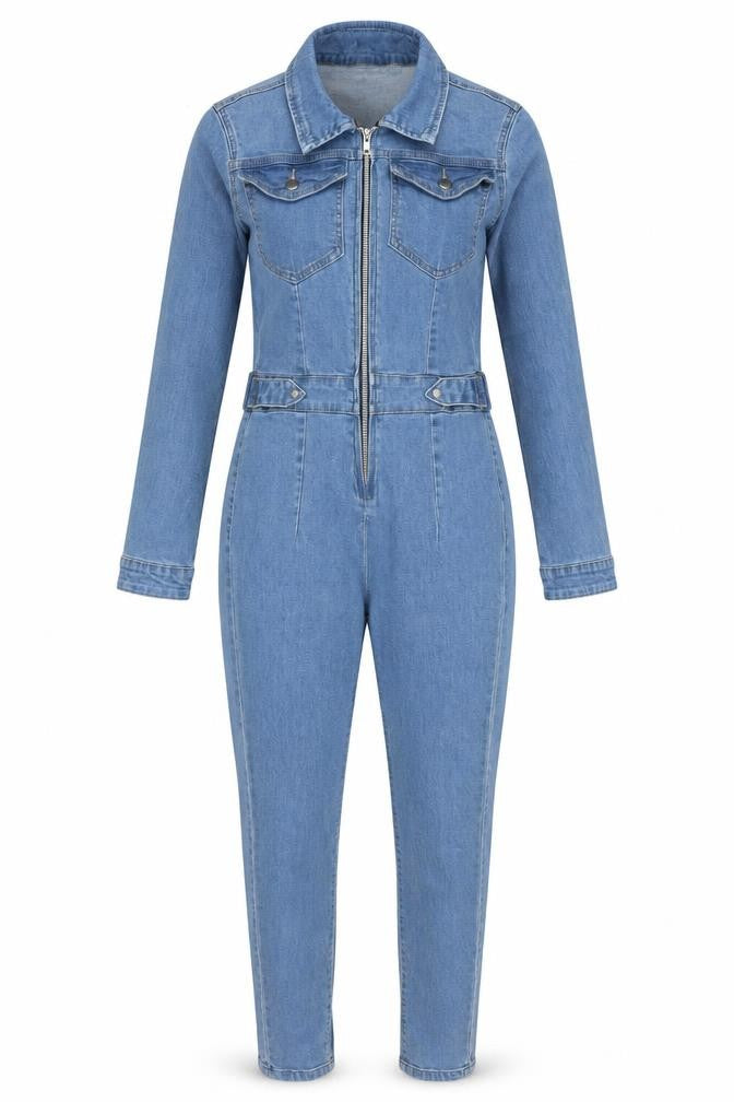 PrettyLittleThing Women Blue Denim Zip Jumpsuit UK 8 Long Sleeve