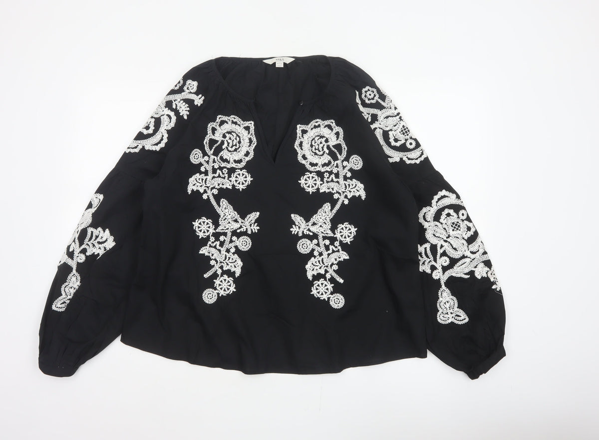Marks and Spencer Women Black Size 12 Embroidered Floral V-Neck Blouse