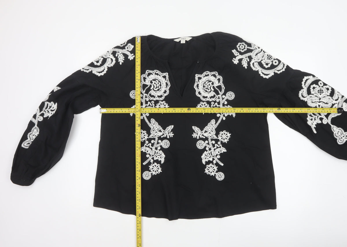 Marks and Spencer Women Black Size 12 Embroidered Floral V-Neck Blouse