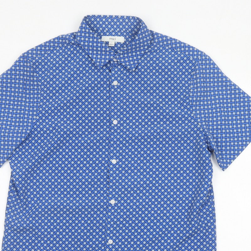 Marks and Spencer Men Blue L Geometric Short Sleeve Button-Up Shirt
