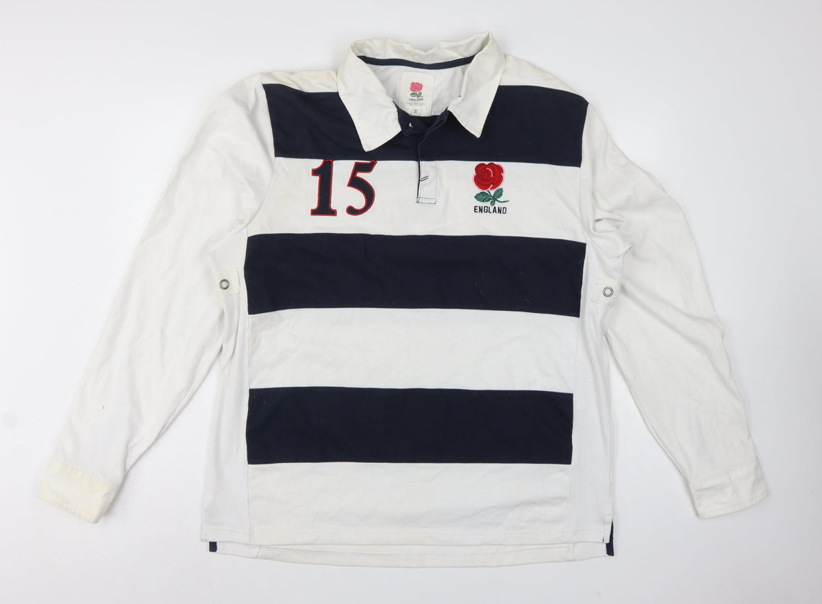 Back view of England Men’s 2XL White Navy Striped Long Sleeve Rugby Polo