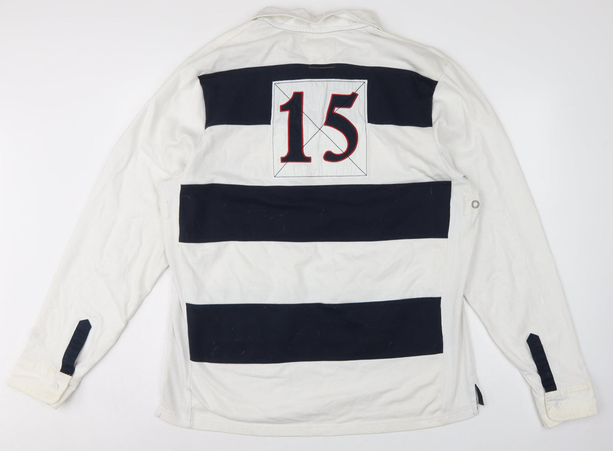 Brand and care label for England Men’s 2XL White Navy Striped Long Sleeve Rugby Polo
