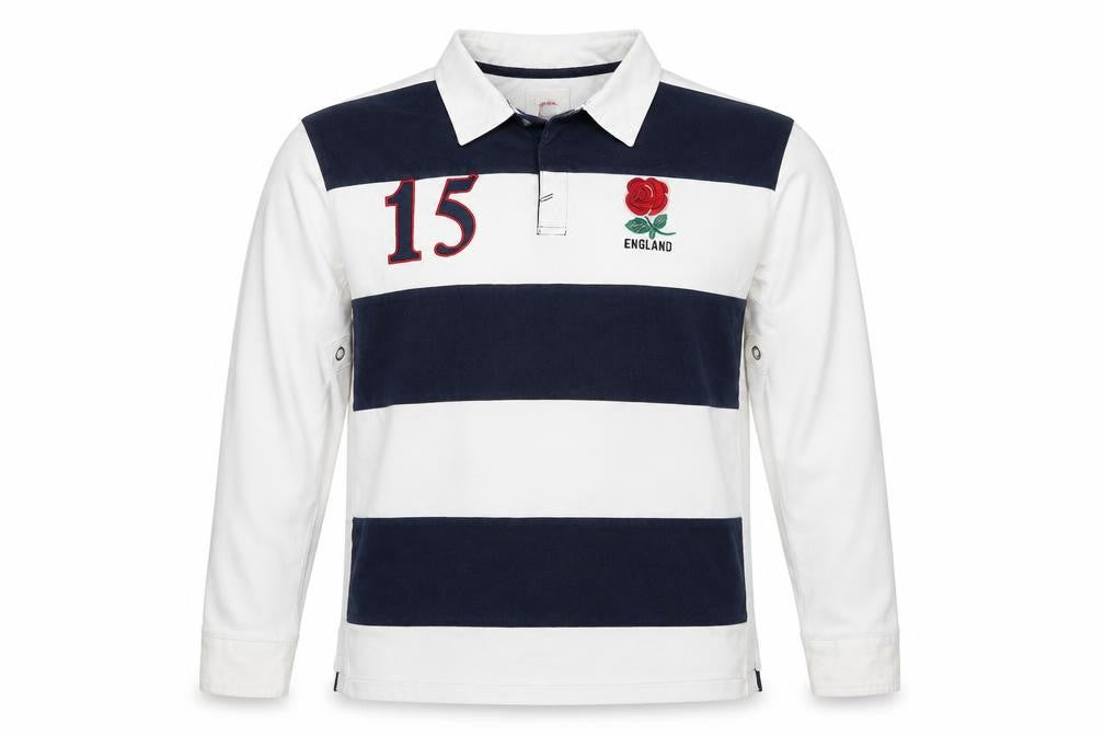 Front view of England Men’s 2XL White Navy Striped Long Sleeve Rugby Polo