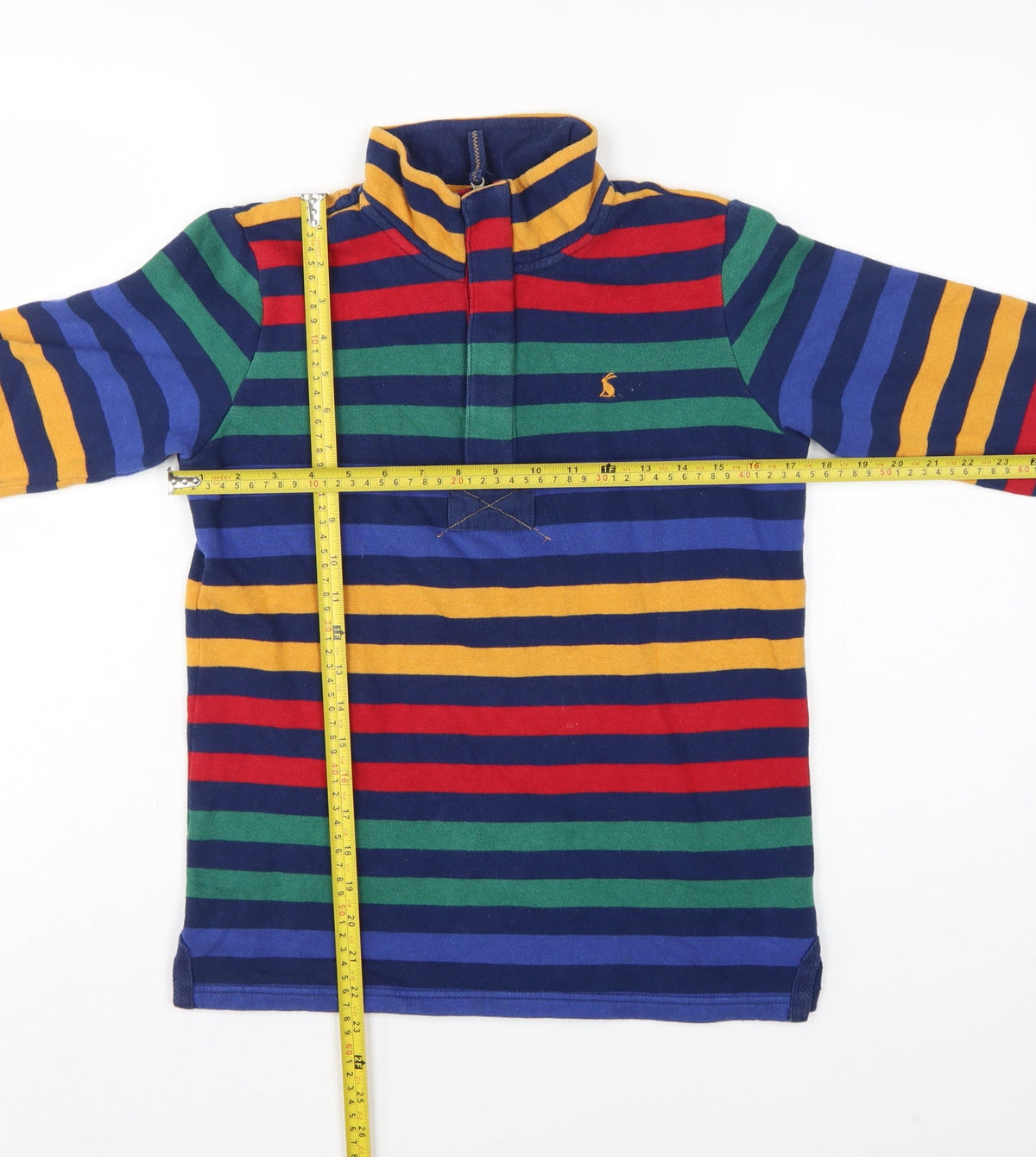 Close-up detail of Joules boys’ multicoloured 11-12 years 1/4 zip striped sweatshirt