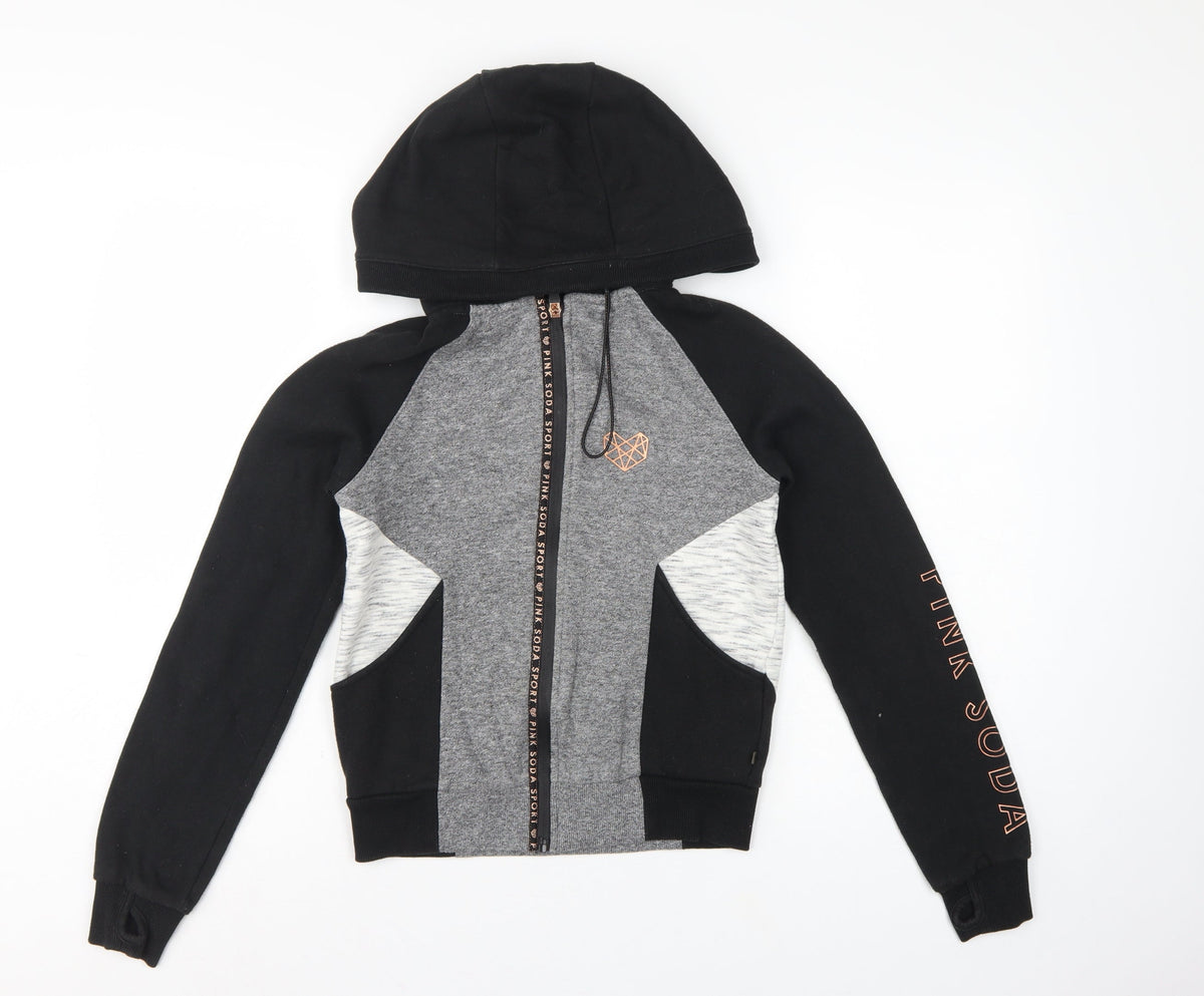 Pink Soda Sport Women's Black Grey Full Zip Hoodie UK 6 Colourblock