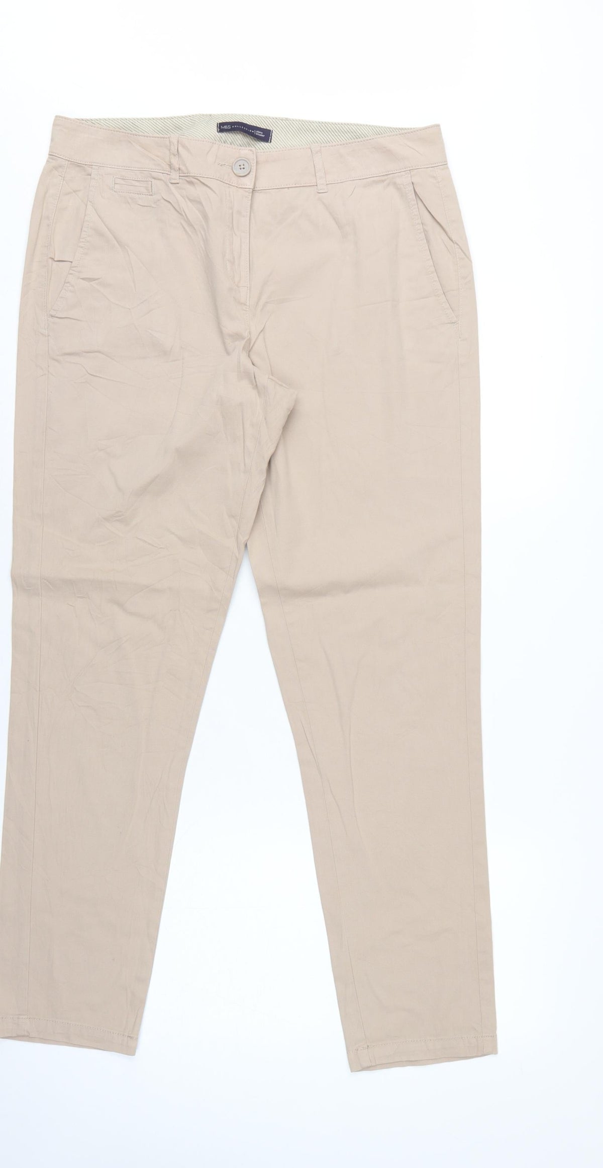 Marks and Spencer Women Beige UK 12 Cotton Stretch Tapered Chino Trousers