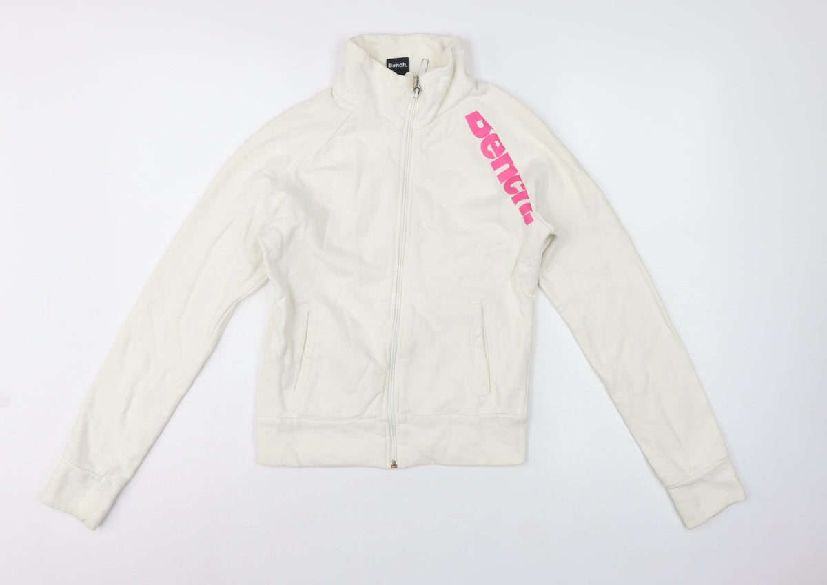 Bench Women’s White Pink Logo Full Zip Sweatshirt XS High Neck