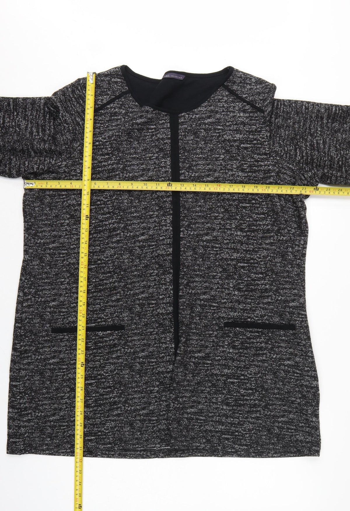 M&S Women Black Grey Knit Zip Tunic Blouse UK 24 3/4 Sleeve
