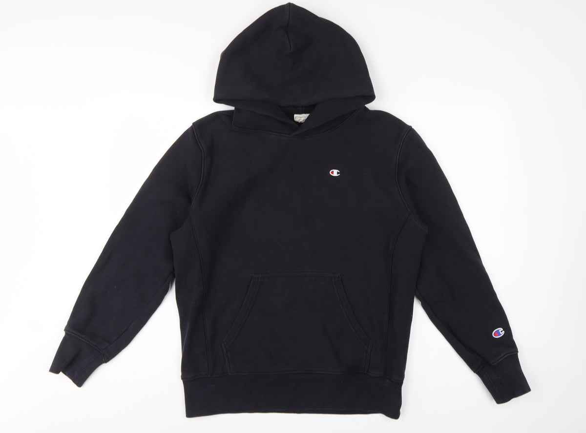 Back view of Champion Men’s Black M Reverse Weave Pullover Hoodie Logo Heavyweight