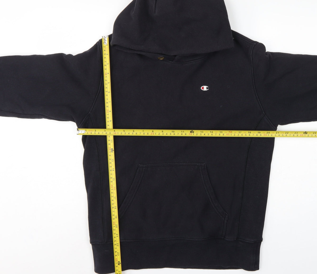 Close-up detail of Champion Men’s Black M Reverse Weave Pullover Hoodie Logo Heavyweight