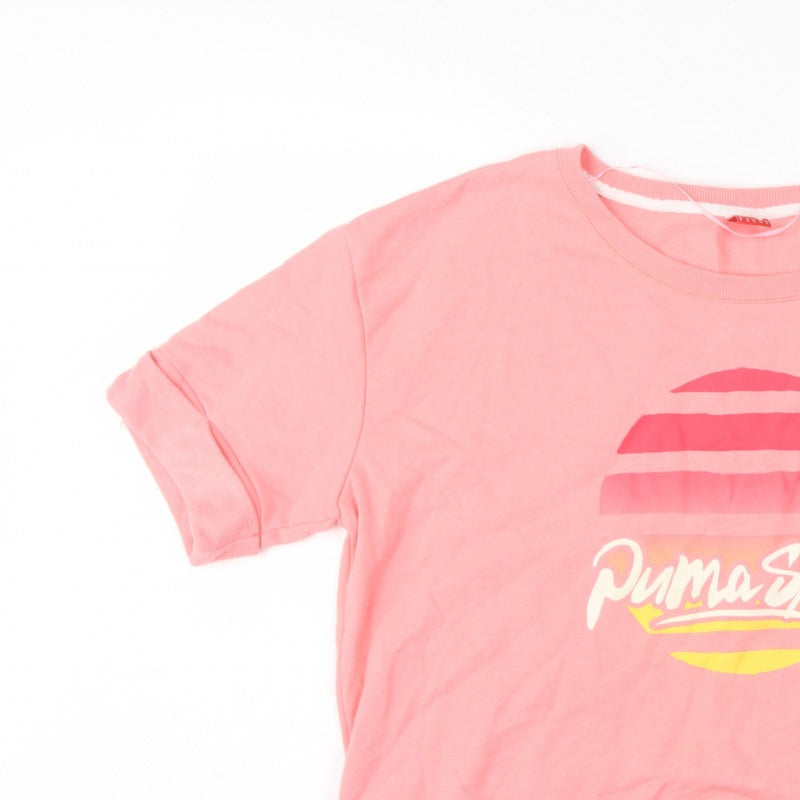 Puma Women Pink UK 12 Short Sleeve Graphic Logo Pullover Sweatshirt
