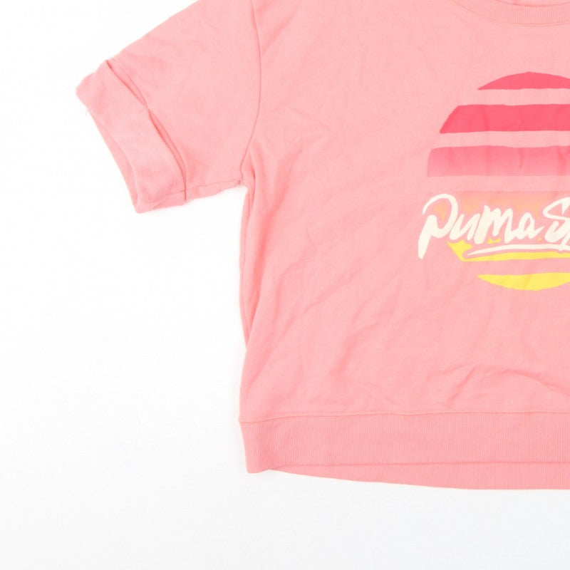 Puma Women Pink UK 12 Short Sleeve Graphic Logo Pullover Sweatshirt
