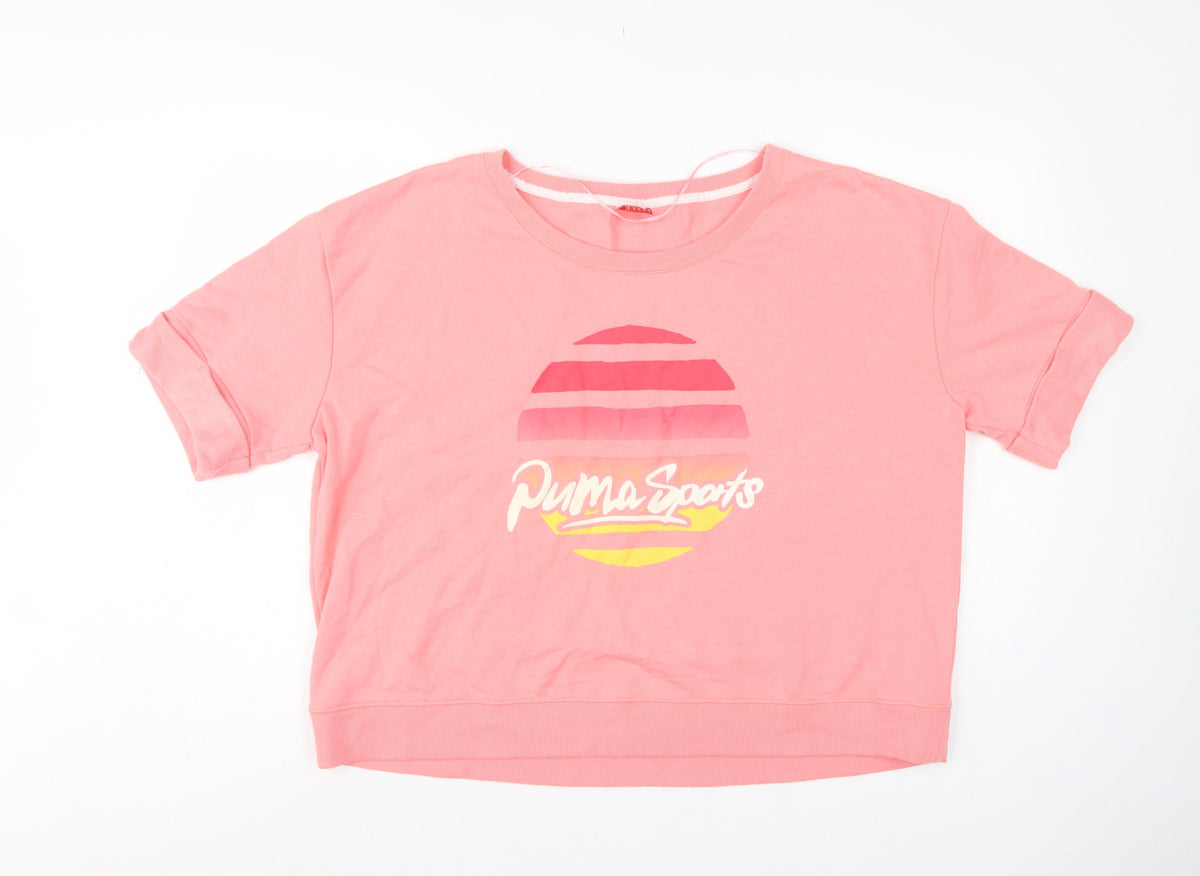 Puma Women Pink UK 12 Short Sleeve Graphic Logo Pullover Sweatshirt