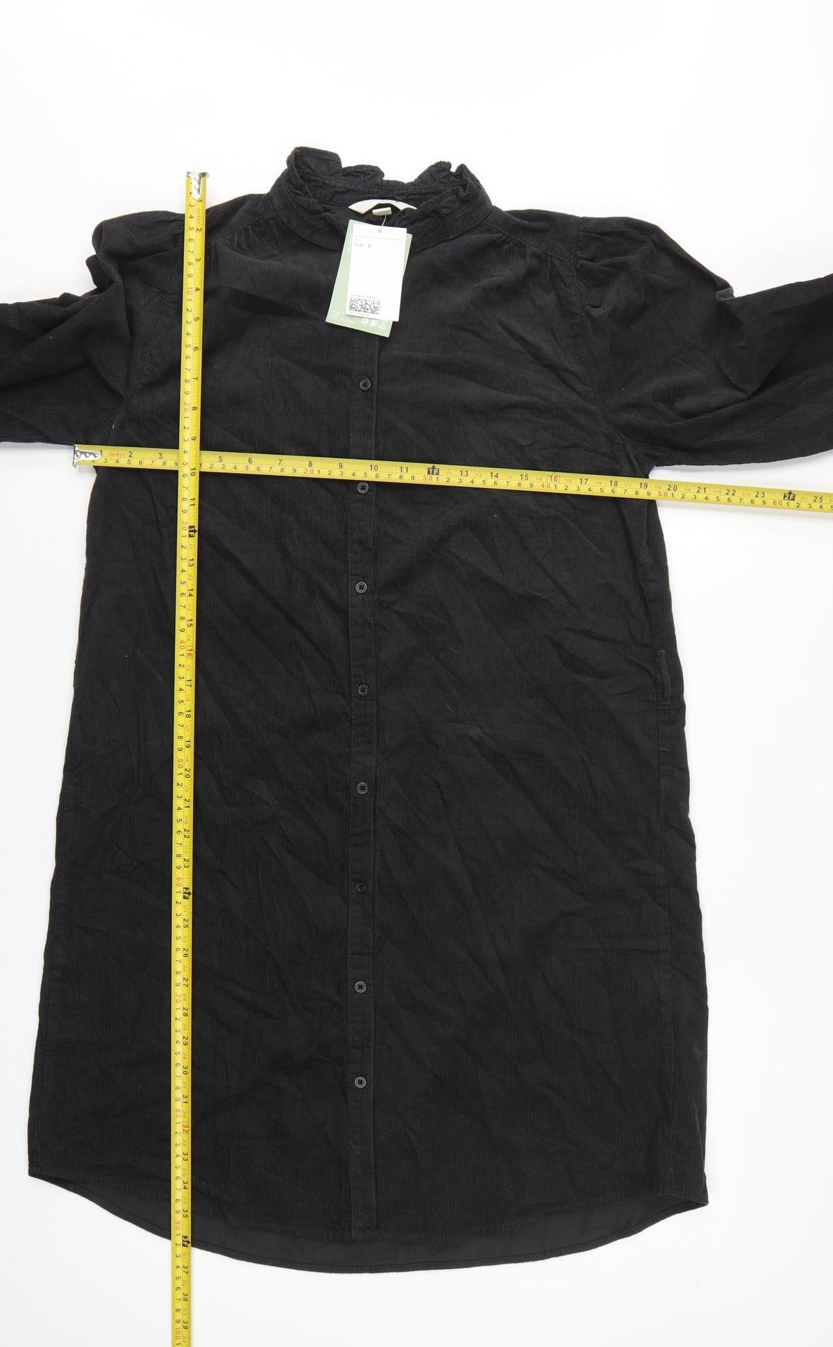 H&M Women Black UK 8 Corduroy Ruffle Collar Shirt Dress