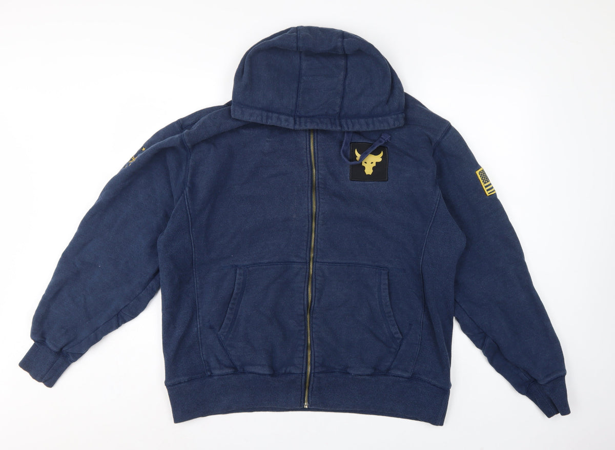 Back view of Under Armour Men’s Blue L Project Rock Full Zip Hoodie USA Flag