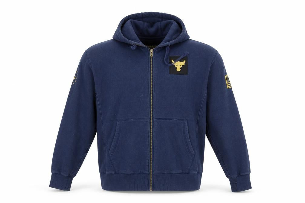 Front view of Under Armour Men’s Blue L Project Rock Full Zip Hoodie USA Flag