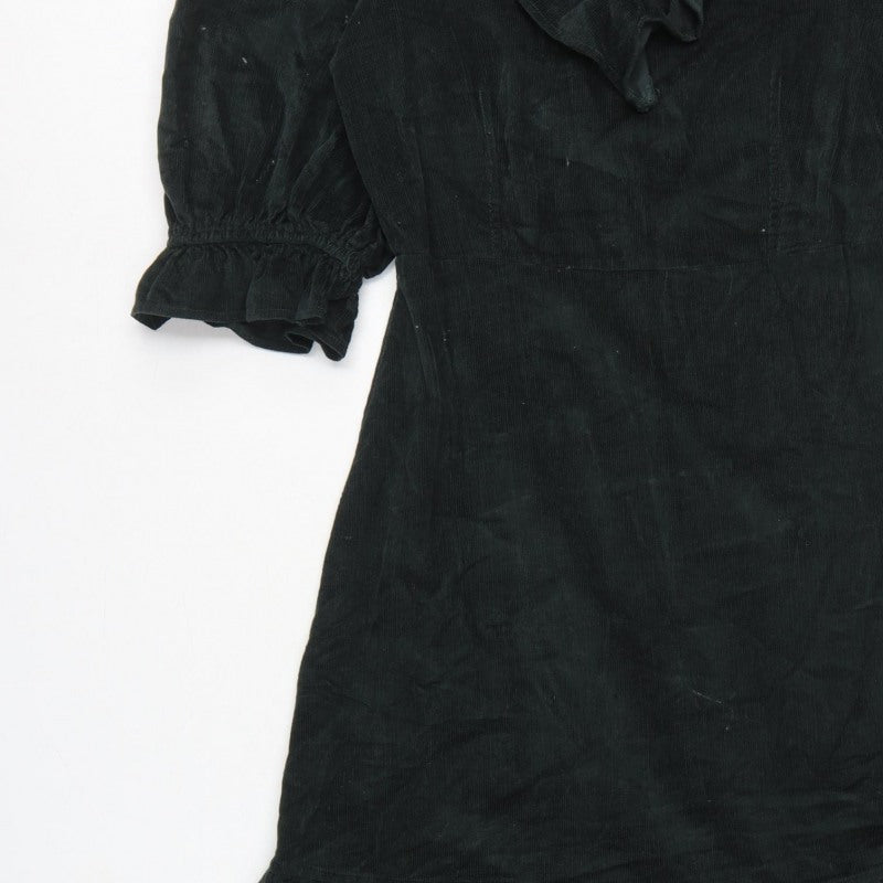 Warehouse Women Black Cotton Corduroy Ruffle Midi Fit & Flare Dress UK 12