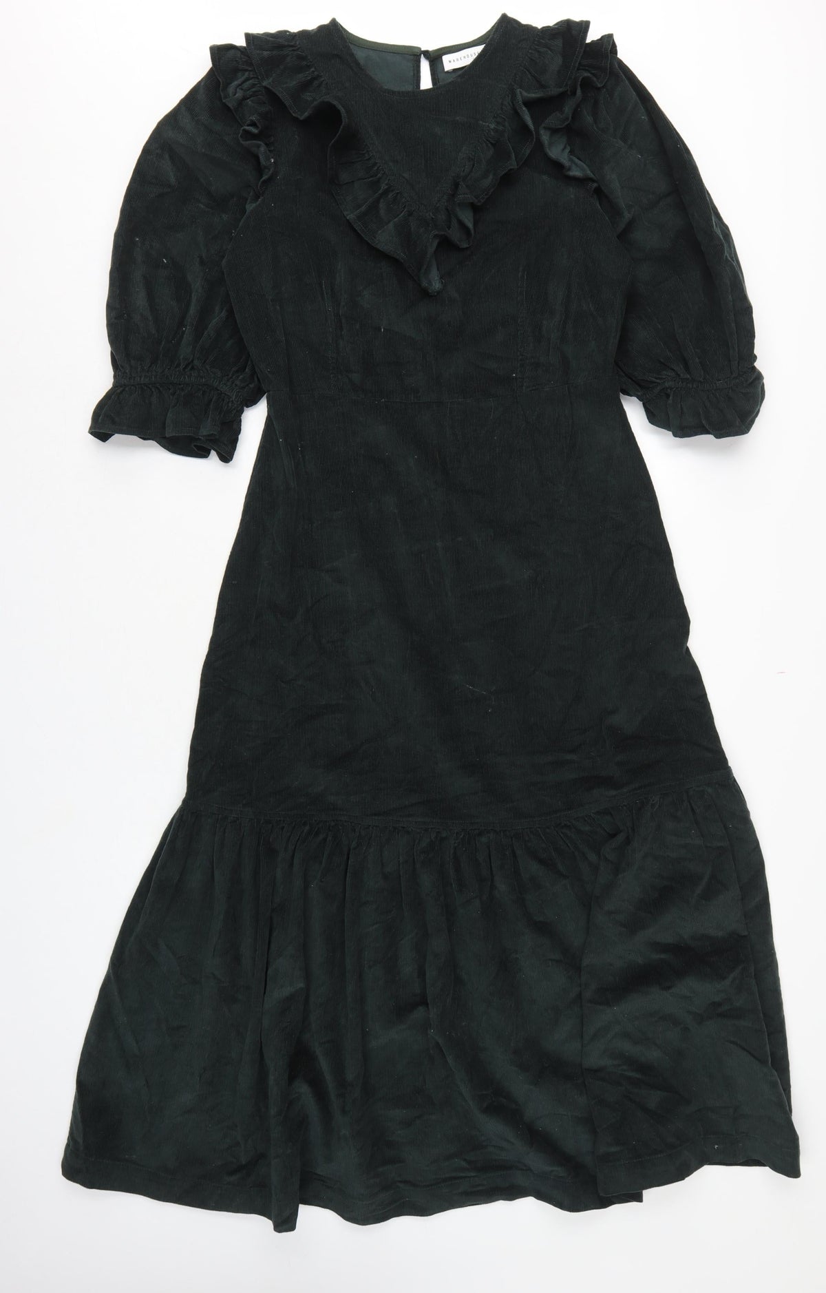 Warehouse Women Black Cotton Corduroy Ruffle Midi Fit & Flare Dress UK 12