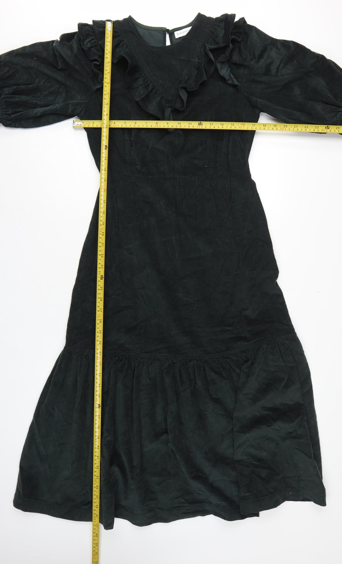 Warehouse Women Black Cotton Corduroy Ruffle Midi Fit & Flare Dress UK 12