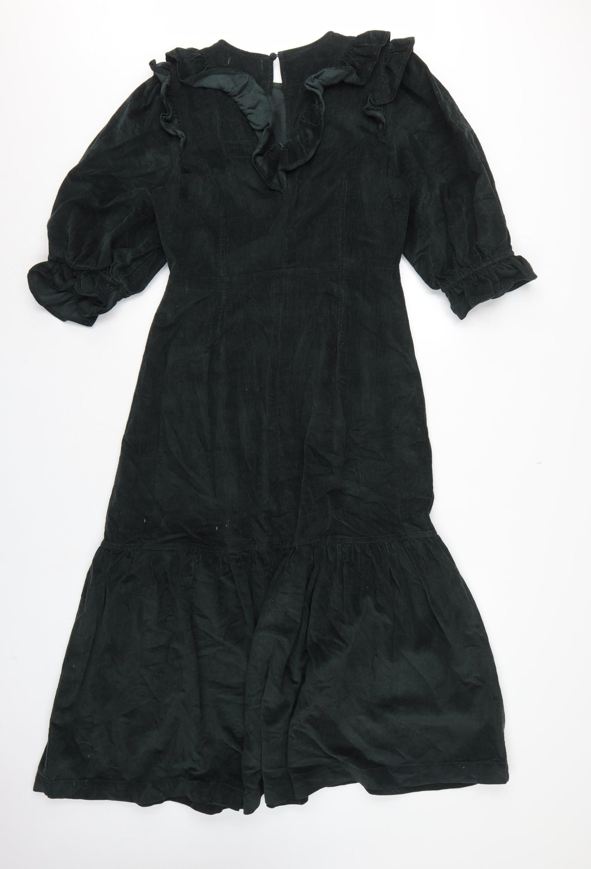 Warehouse Women Black Cotton Corduroy Ruffle Midi Fit & Flare Dress UK 12