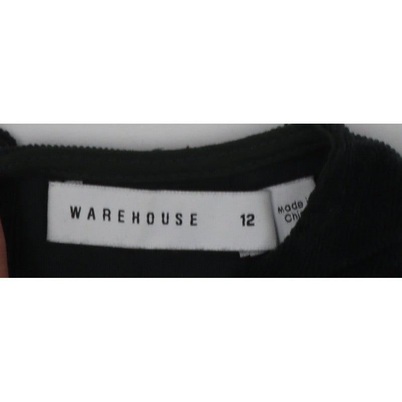 Warehouse Women Black Cotton Corduroy Ruffle Midi Fit & Flare Dress UK 12