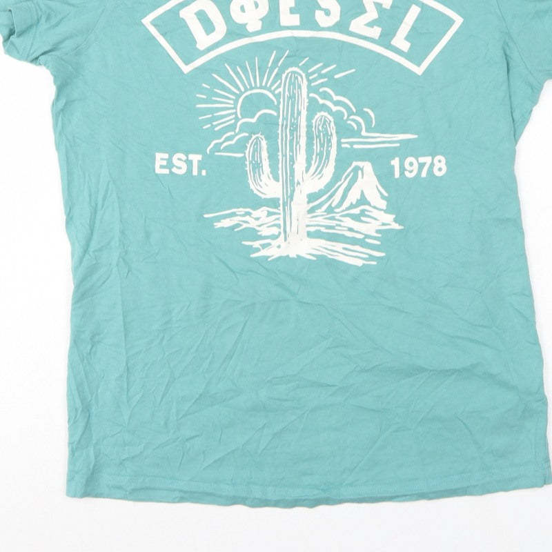 Diesel Women Blue M Basic Cotton Cactus Graphic Crew Neck T-Shirt