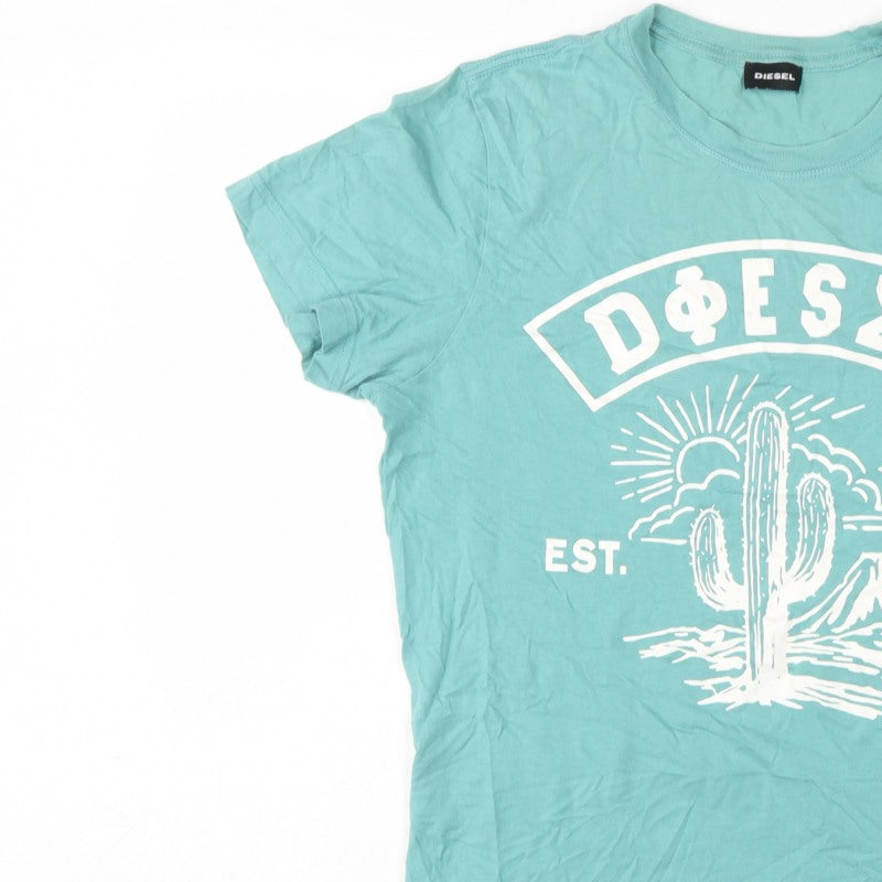 Diesel Women Blue M Basic Cotton Cactus Graphic Crew Neck T-Shirt