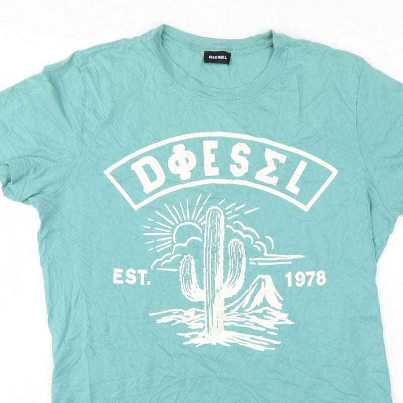 Diesel Women Blue M Basic Cotton Cactus Graphic Crew Neck T-Shirt