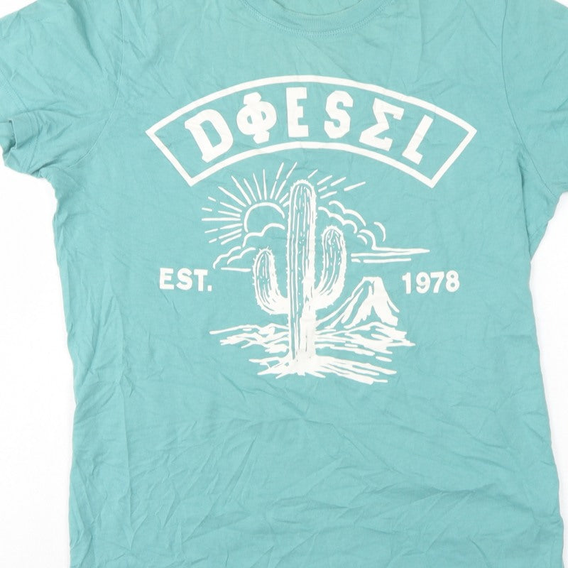 Diesel Women Blue M Basic Cotton Cactus Graphic Crew Neck T-Shirt