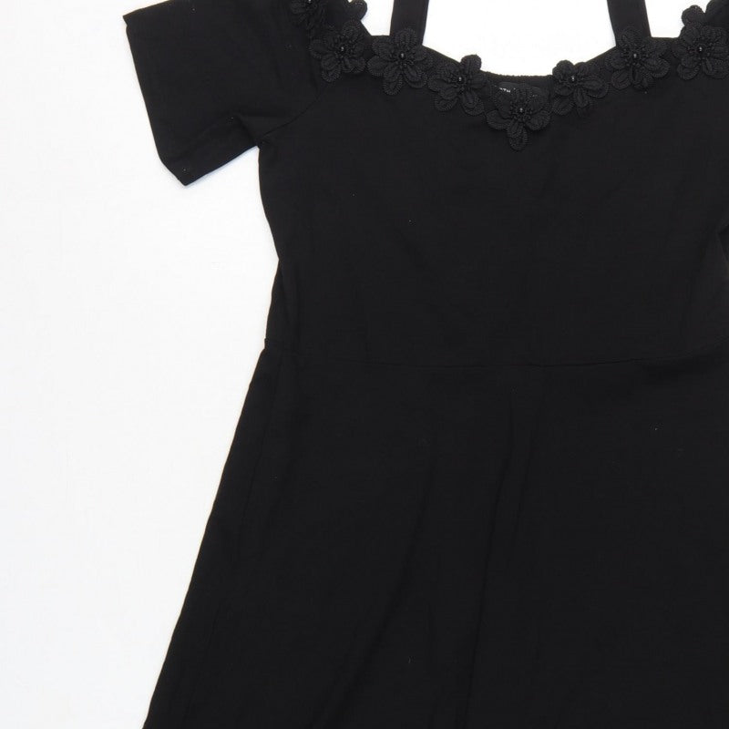 Dorothy Perkins Women Black UK 16 Fit & Flare Cold Shoulder Midi Dress