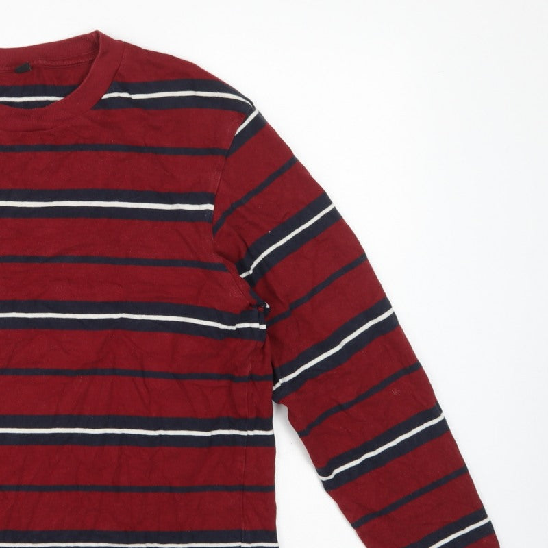 Uniqlo Unisex Adults Red L Basic Striped Cotton Long Sleeve T-Shirt
