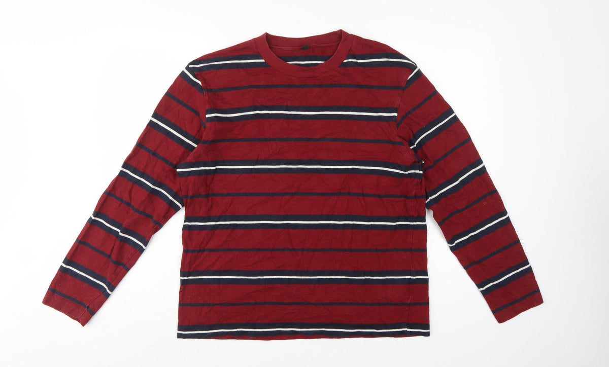 Uniqlo Unisex Adults Red L Basic Striped Cotton Long Sleeve T-Shirt