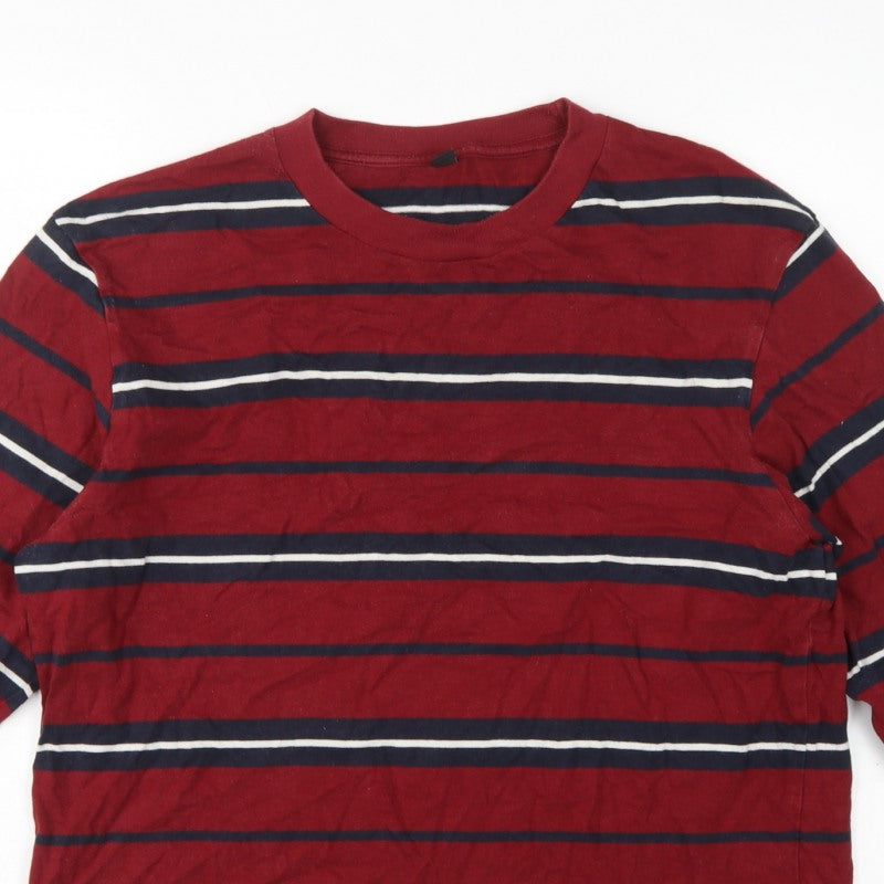 Uniqlo Unisex Adults Red L Basic Striped Cotton Long Sleeve T-Shirt