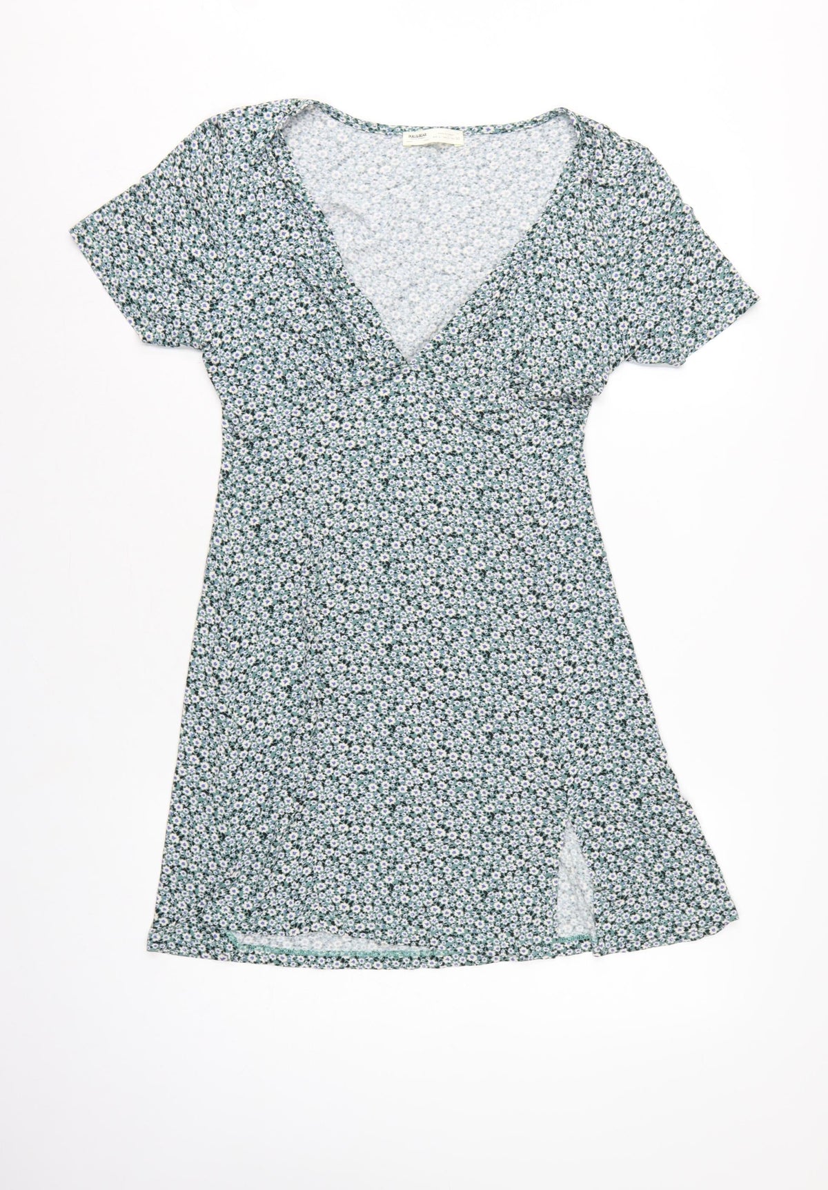 Pull&Bear Women Green Floral Size L Wrap Knee Dress V Neck