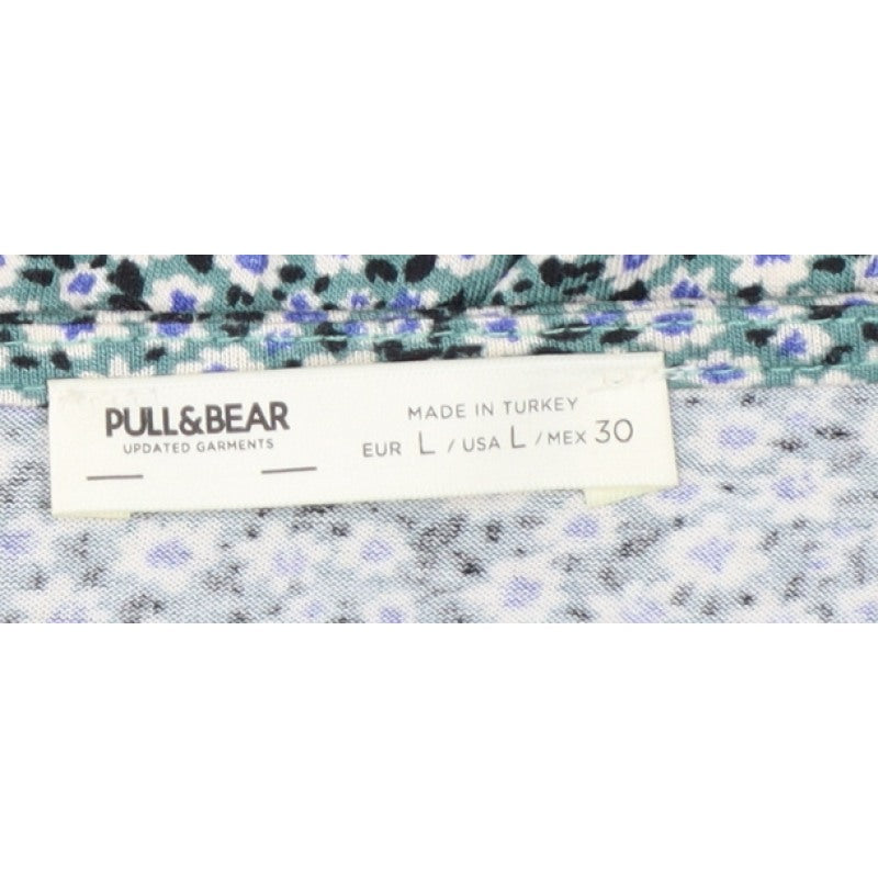 Pull&Bear Women Green Floral Size L Wrap Knee Dress V Neck