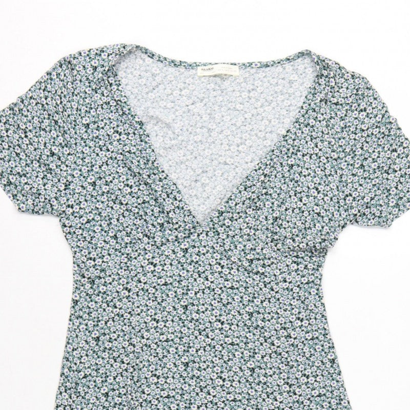 Pull&Bear Women Green Floral Size L Wrap Knee Dress V Neck