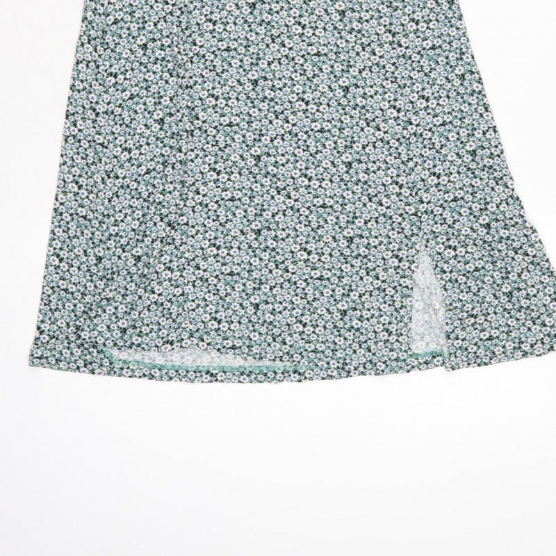 Pull&Bear Women Green Floral Size L Wrap Knee Dress V Neck