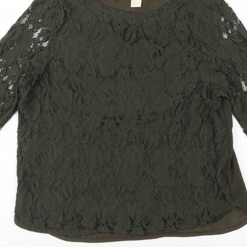 H&M Women Green UK 12 Floral Lace Long Sleeve Lined Blouse