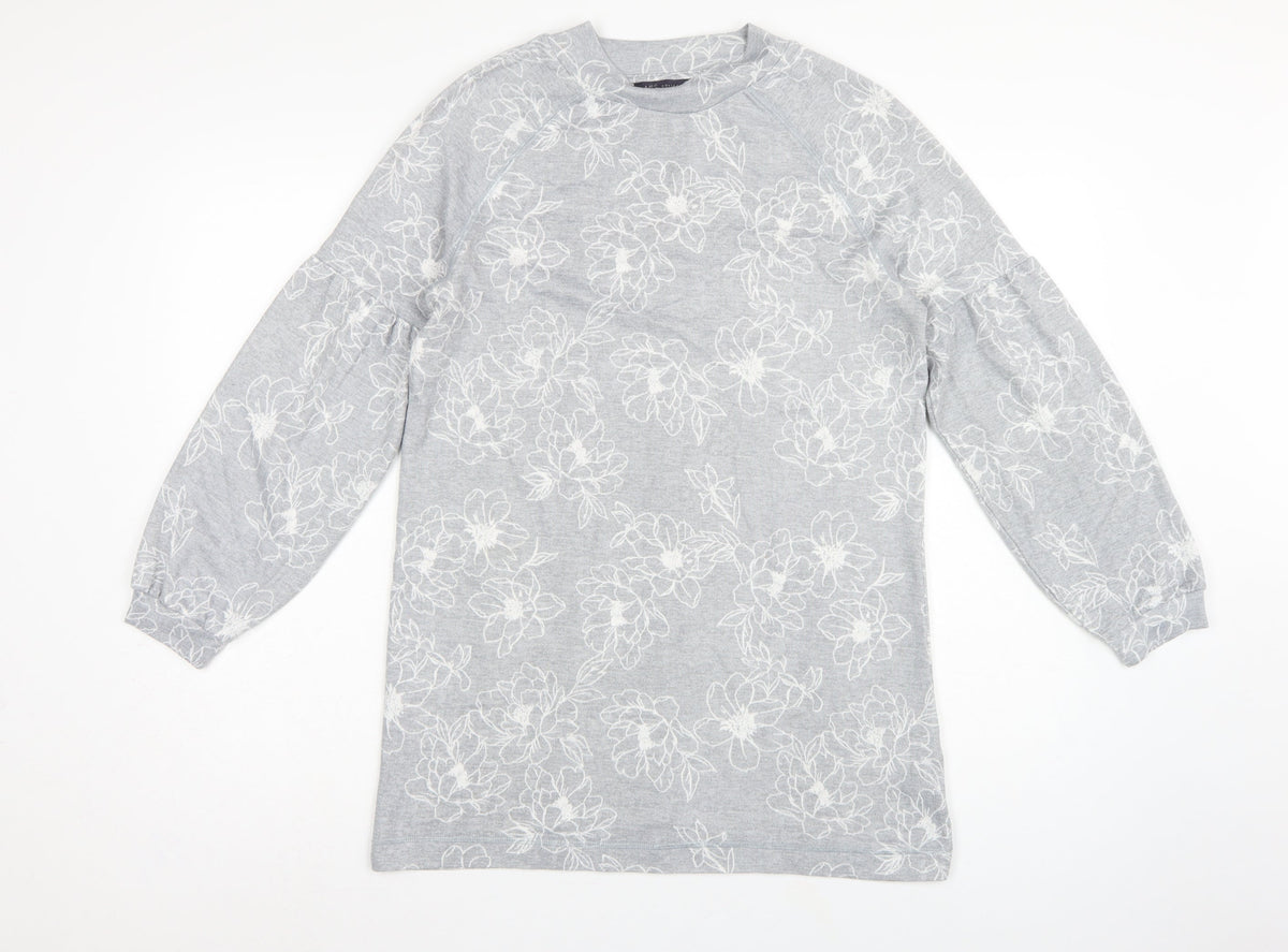 M&S Women Grey Floral Jersey Balloon Sleeve Top UK 10