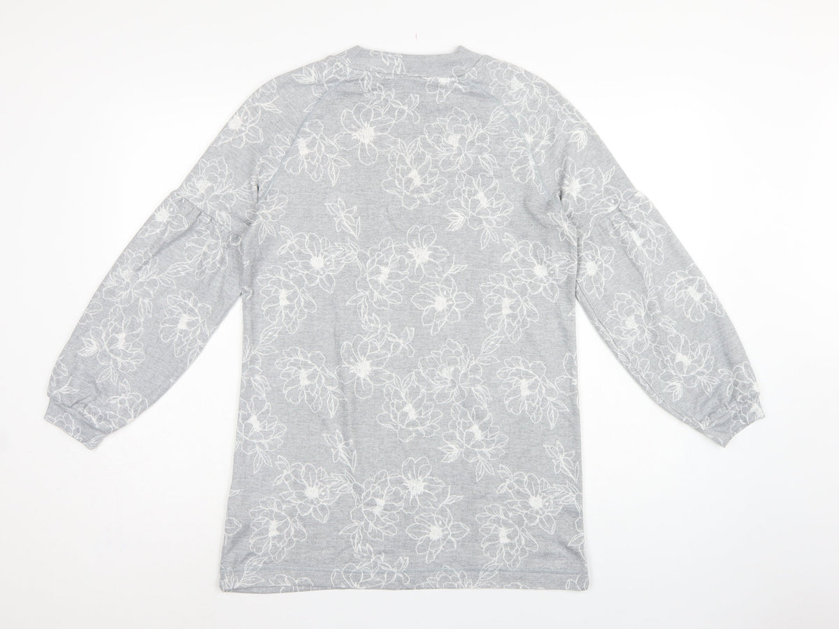 M&S Women Grey Floral Jersey Balloon Sleeve Top UK 10