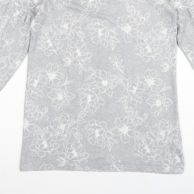 M&S Women Grey Floral Jersey Balloon Sleeve Top UK 10