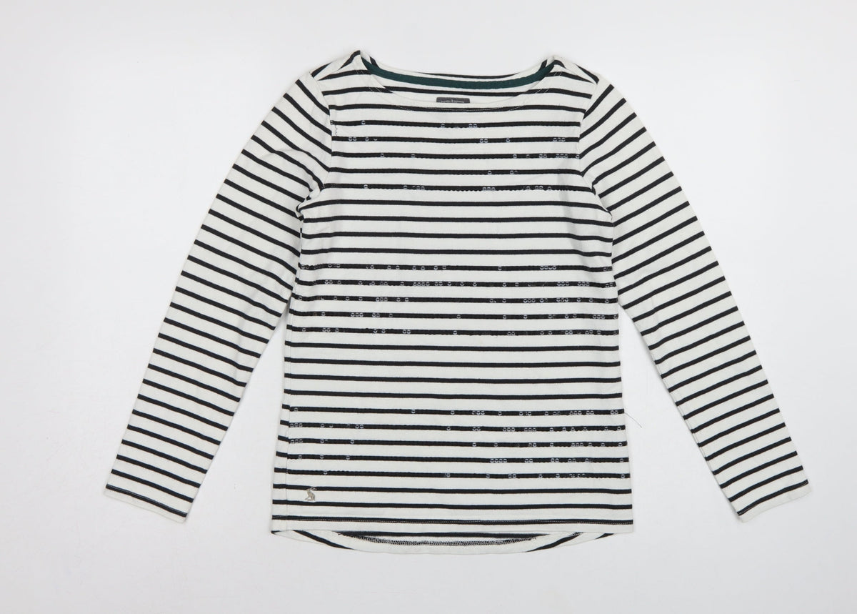 Joules Women White Black Striped Boat Neck Cotton Long Sleeve Top UK 6