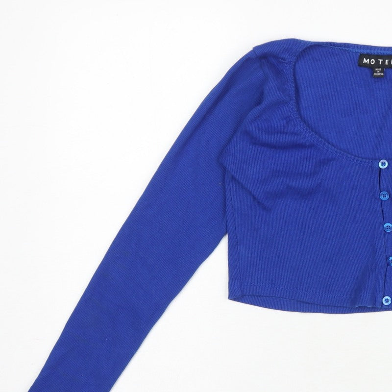 Motel Women’s Blue L Cropped Rib Knit Scoop Neck Button Top