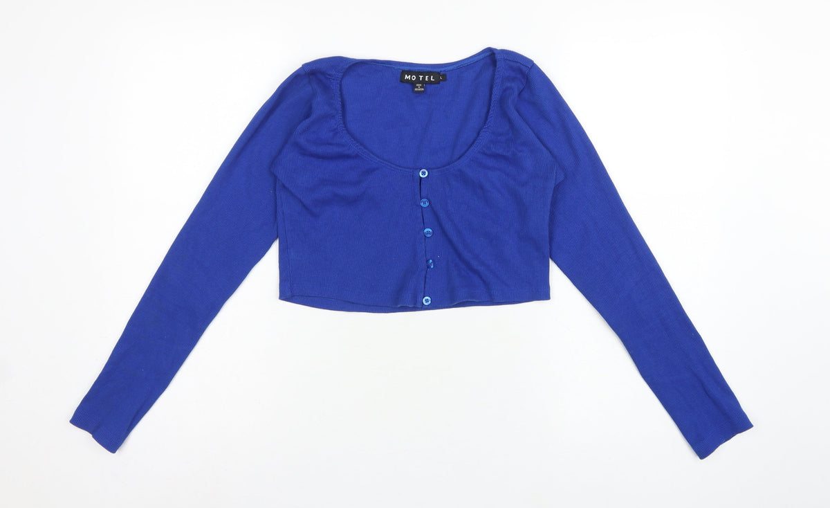 Motel Women’s Blue L Cropped Rib Knit Scoop Neck Button Top